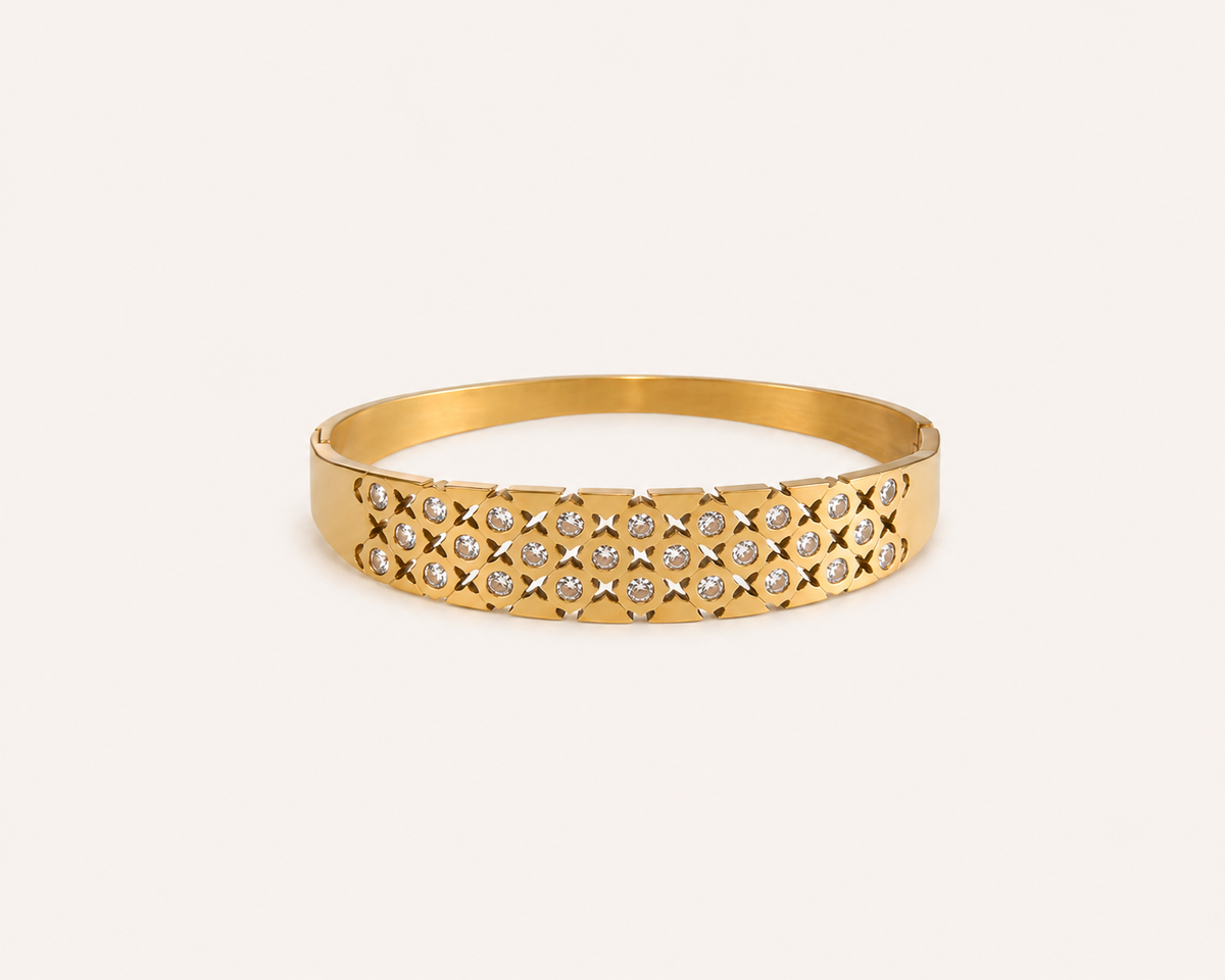 Gilded Mosaic Bangle – mosaic-pattern gold plated statement bangle for women