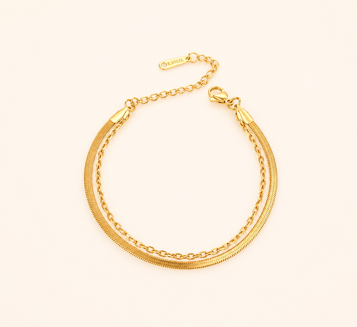 Gilded Ribbon & Orb Duo Bracelet – pre-stacked flat snake chain and oval-bead strand bracelet in 18K gold plated finish
