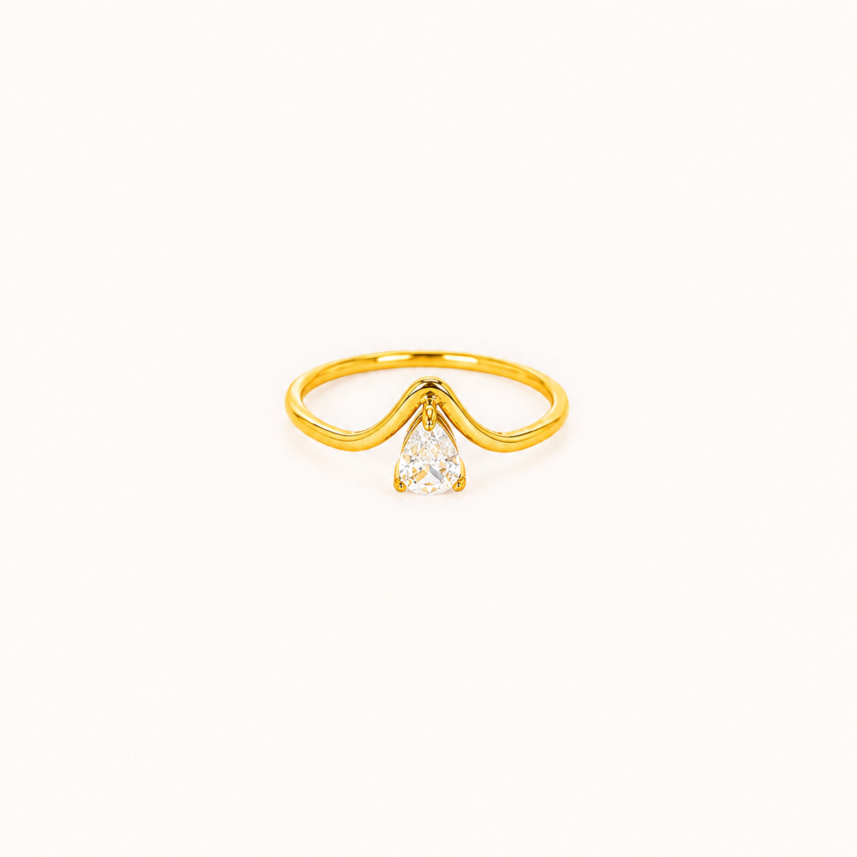 Gilded V-Pear Solitaire Ring – pear-cut V-prong solitaire ring in 18K gold plated finish for women