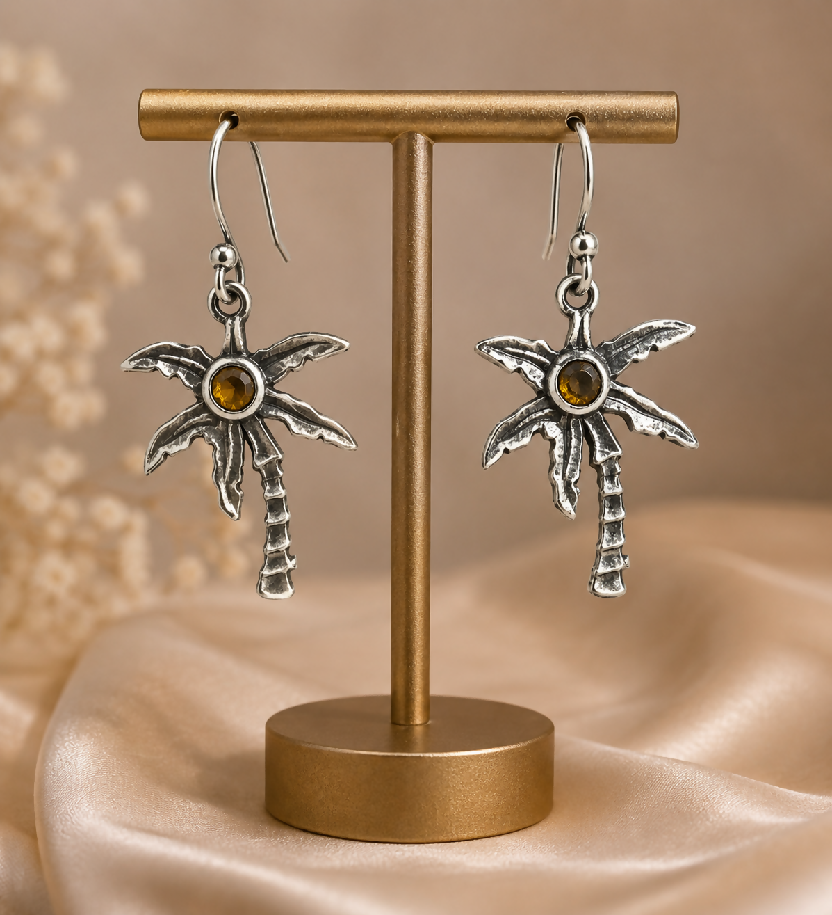 Natural Citrine Earrings | 925 Sterling Silver | Palm Tree Drop Earrings