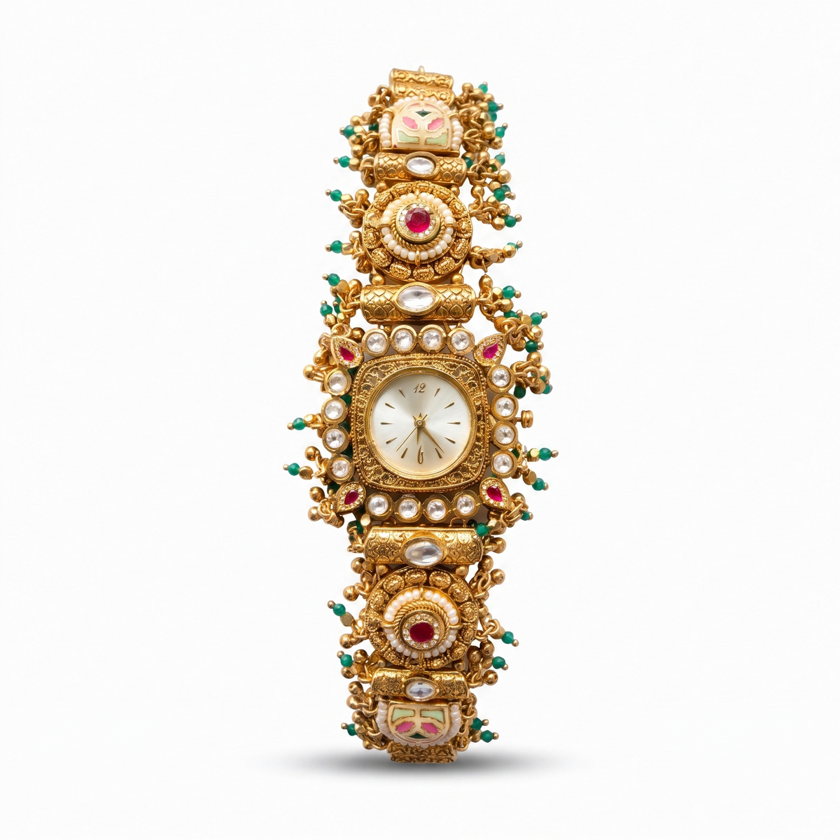Antique Gold White Dial Cushion Ruby Floret Pearl Kundan Bracelet Watch for Women & Girls | Stylish Watch | Wrist Watches for Girls | Ideal for gifting | Gift for Diwali, Christmas, Marriage, Birthday, anniversary, wedding