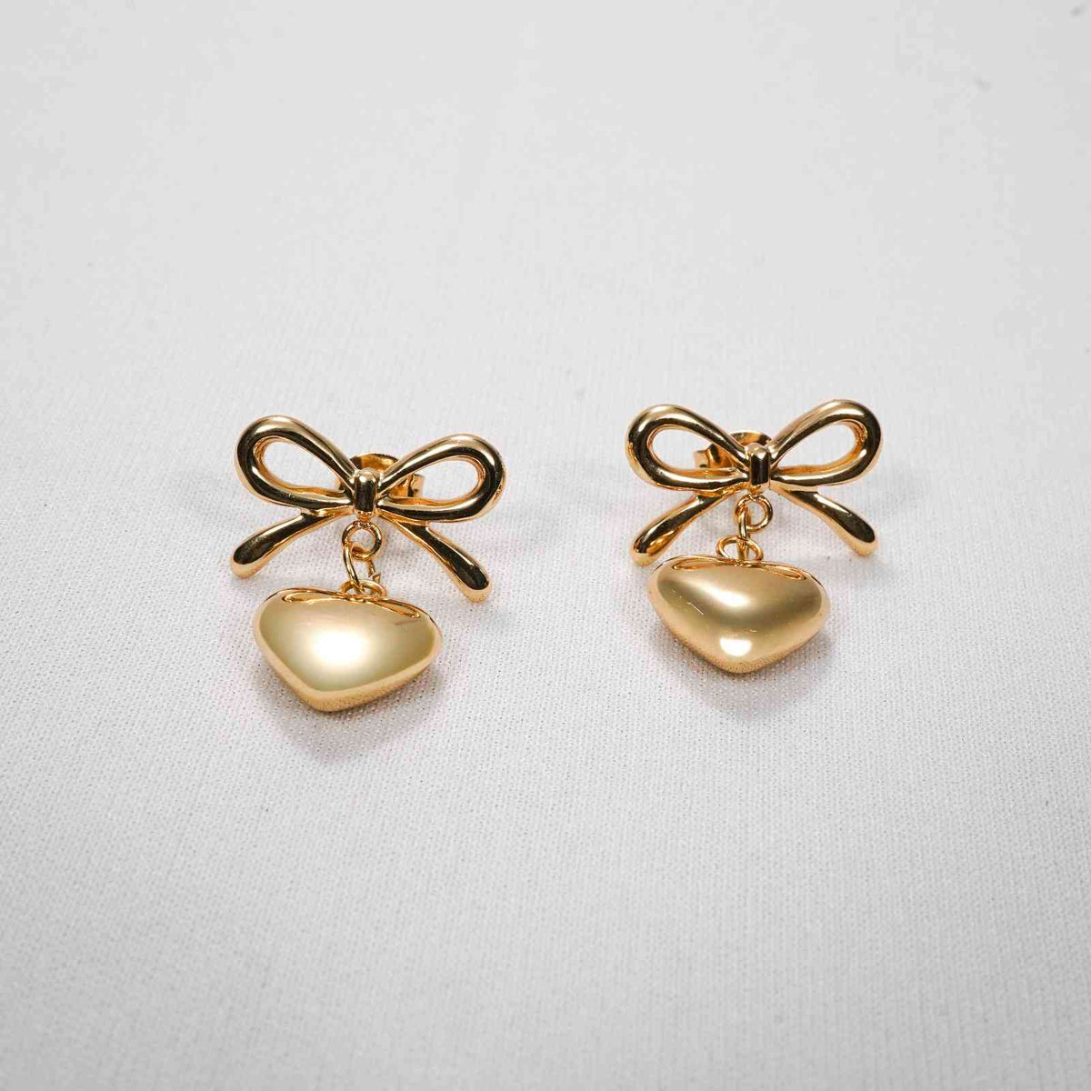 Gold Bow Knot & Heart Drop Earrings