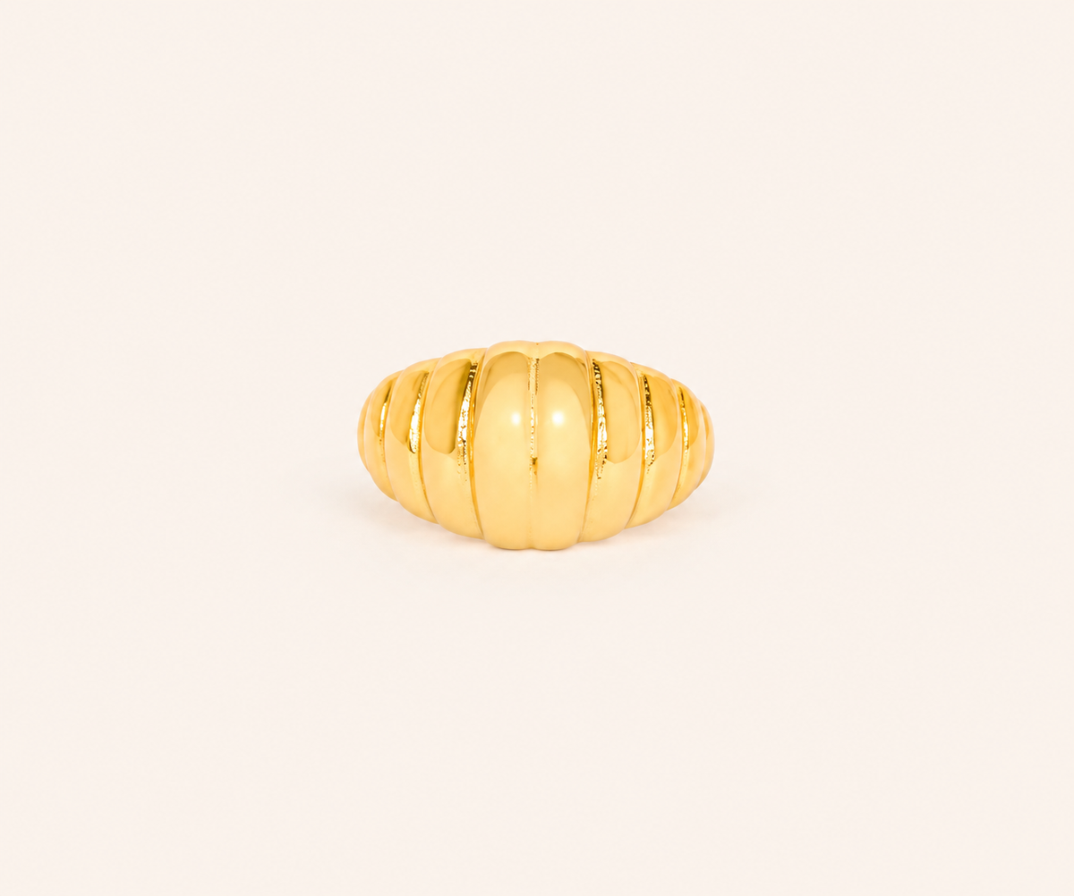 Gold Plated Ribbed Dome Statement Ring – chunky ribbed dome band ring in high-shine gold tone for women-3