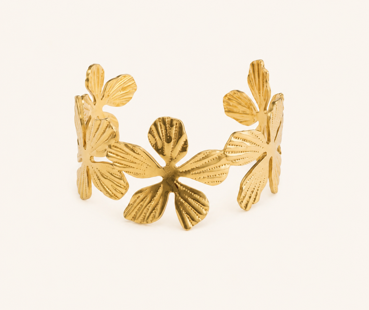 Golden Blossom Hammered Bangle – geometric flower hammered texture bangle in 18K gold plated finish for women