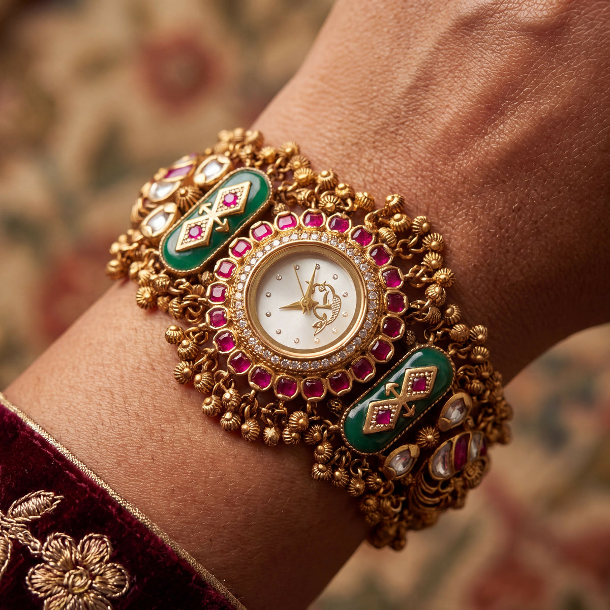 Antique Gold White Dial Peacock Motif Ruby Bezel Green Meenakari Temple Bracelet Watch for Women & Girls | Stylish Watch | Wrist Watches for Girls | Ideal for gifting | Gift for Diwali, Christmas, Marriage, Birthday, anniversary, wedding