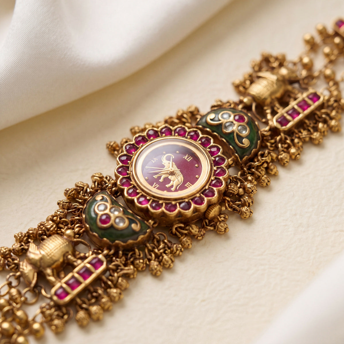 Antique Gold Maroon Dial Elephant Motif Ruby Petal Meenakari Bracelet Watch for Women & Girls | Stylish Watch | Wrist Watches for Girls | Ideal for gifting | Gift for Diwali, Christmas, Marriage, Birthday, anniversary, wedding