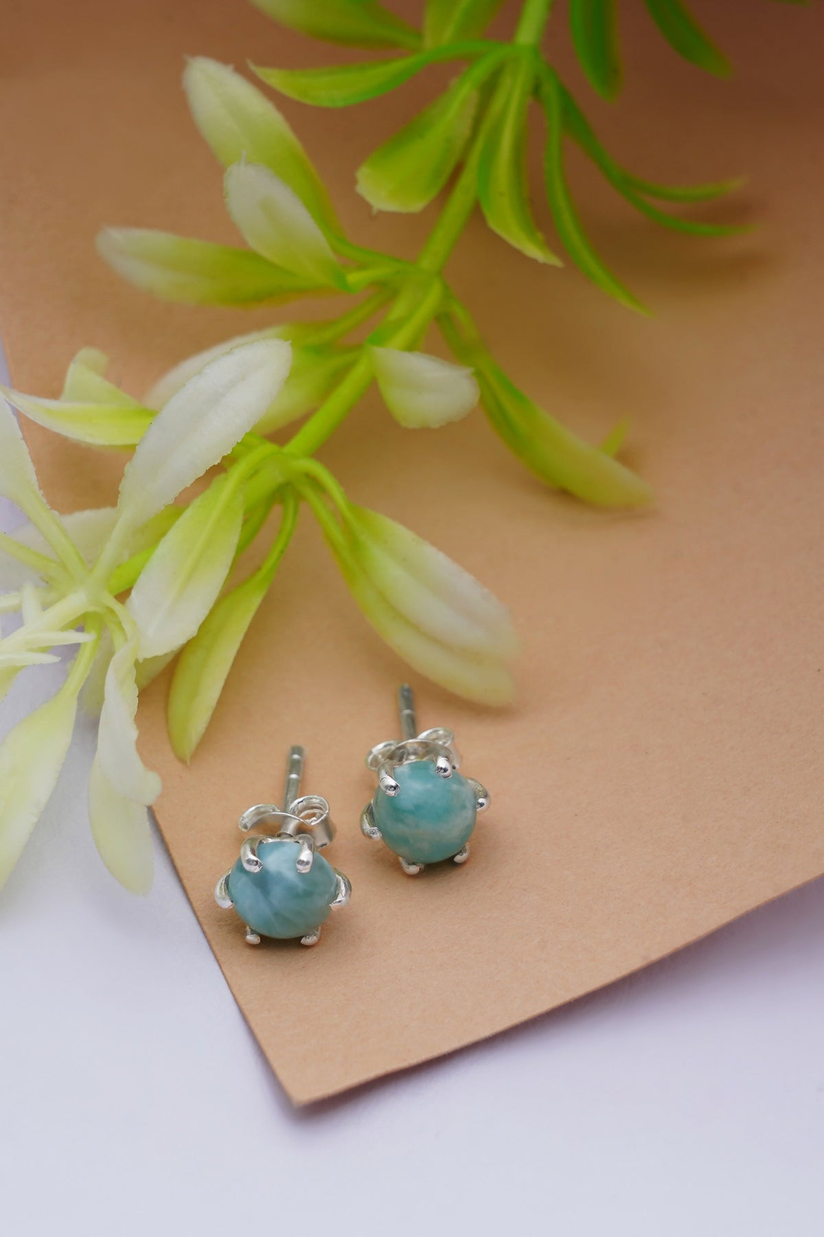 925 Sterling Silver Larimar Eartops for Women | Natural Light Blue Gemstone Stud Earrings | Elegant Daily Wear Jewelry
