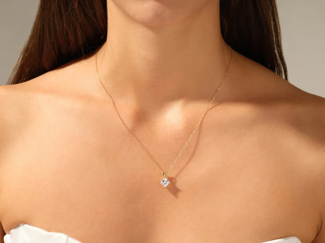 Princess Cut Moissanite Solitaire Pendant 14K Yellow Gold Plated