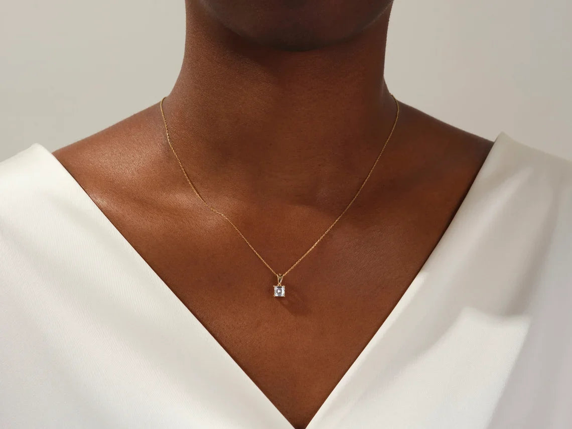 Asscher Cut GRA Certified Moissanite Solitaire Pendant in 14K Yellow Gold Plated