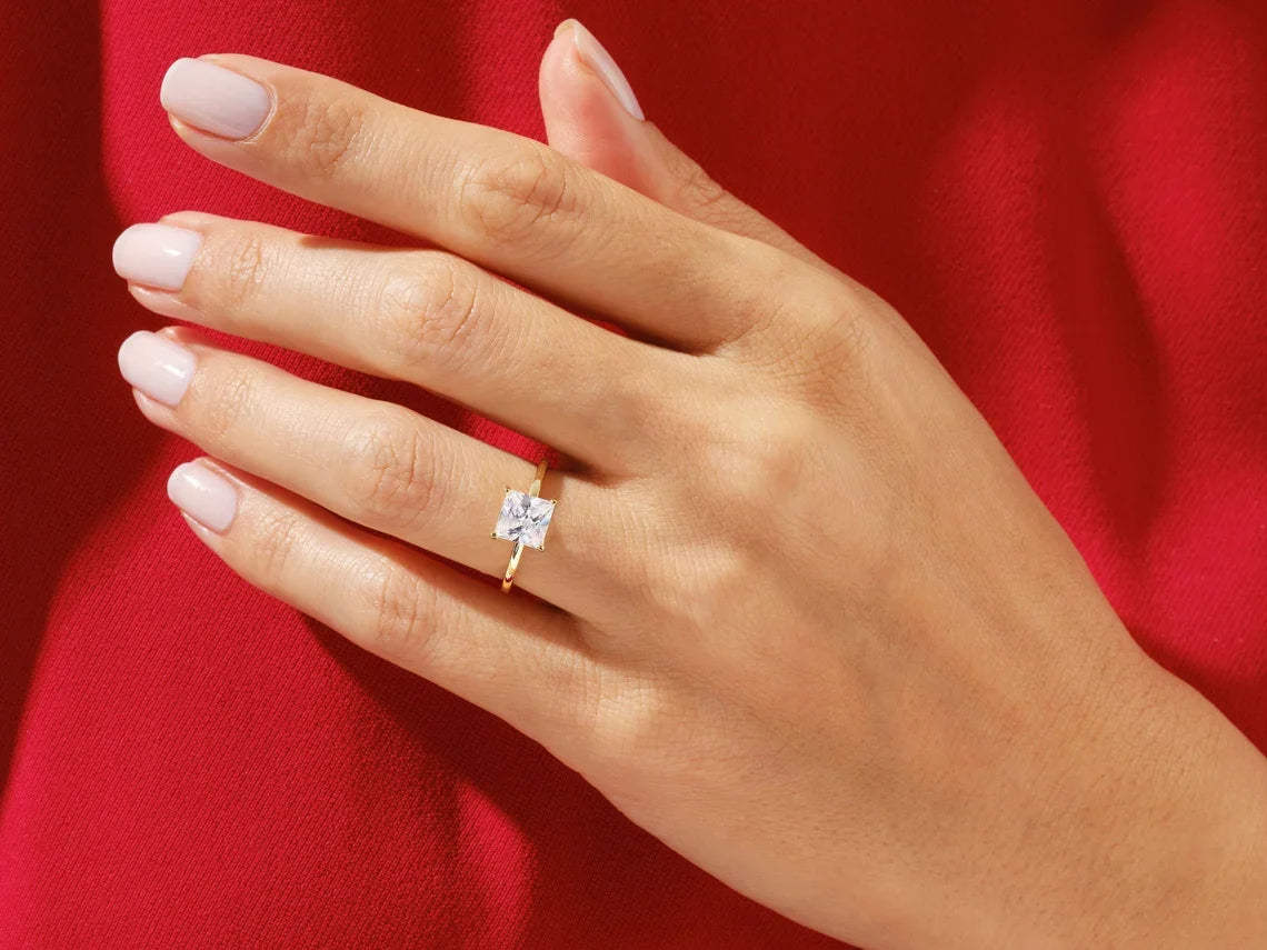1-5 Ct Princess Cut Real Moissanite 4 Prong Solitaire Ring 14K Yellow Gold Plated