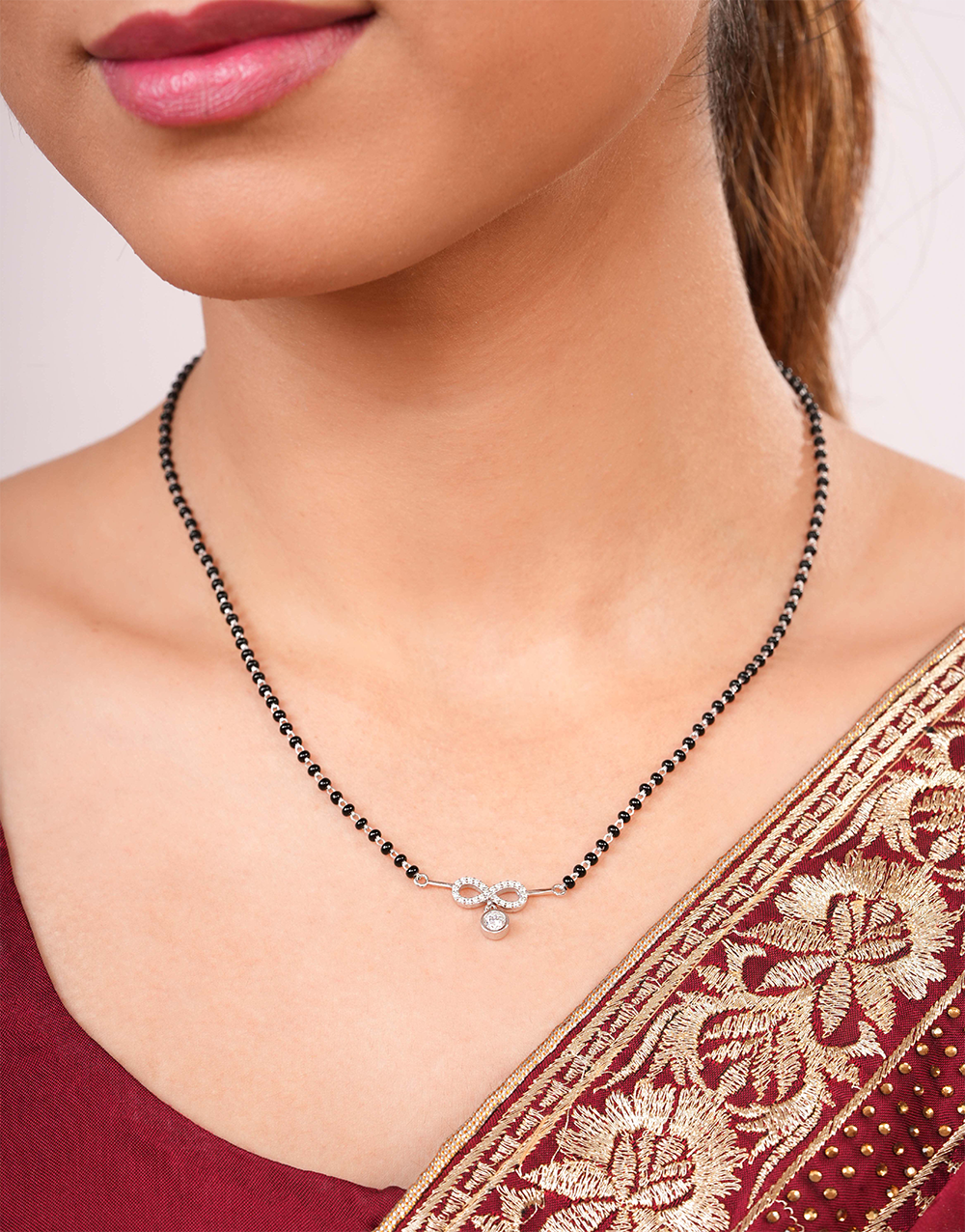 Infinity-Shaped 925 Silver Mangalsutra with Black Beads Chain