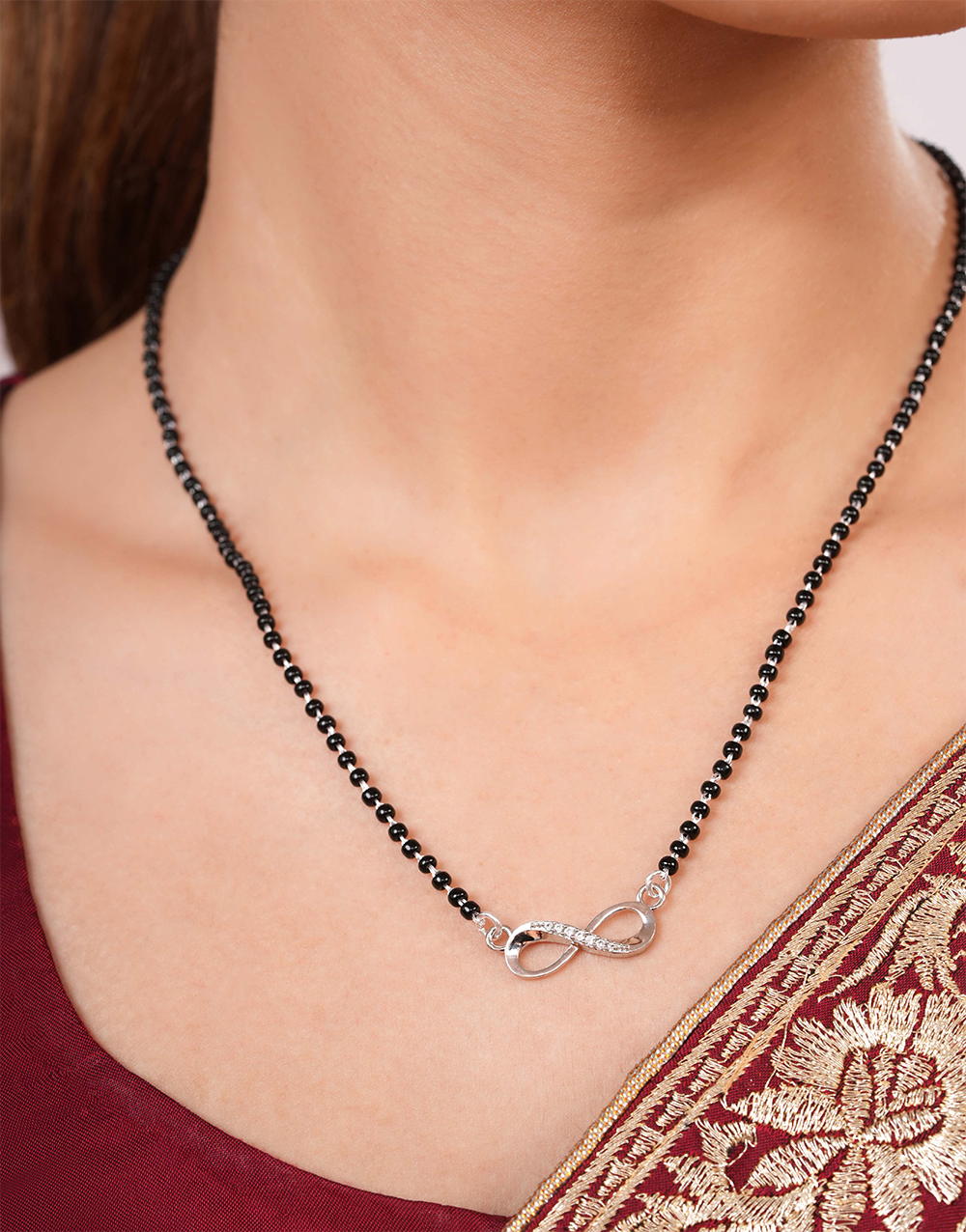 Infinity Symbol Mangalsutra with Black Beads Chain – Silver Pendant