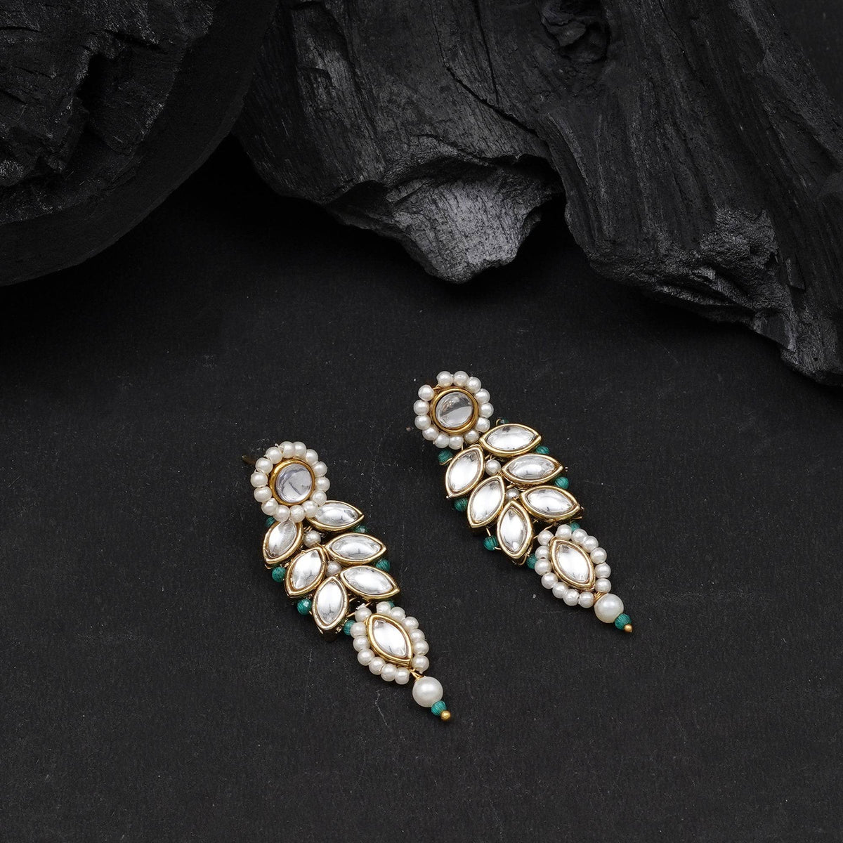 Green Beaded Leaf Kundan Stud Earrings - BeAbhika.com