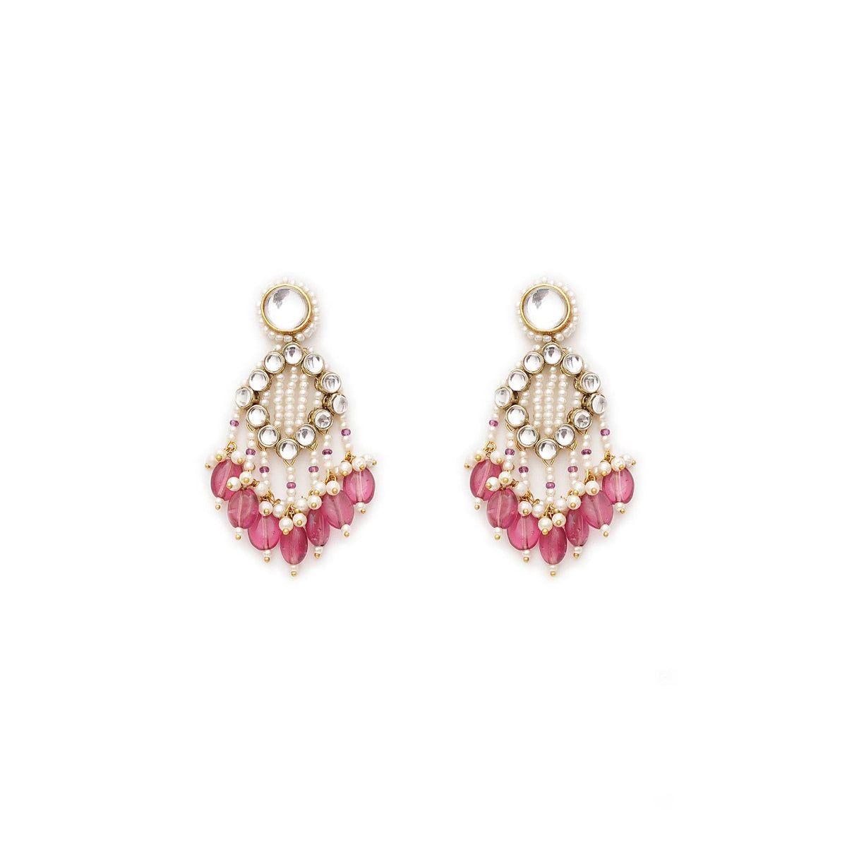 Pink Drop Kundan & Pearl Earrings - BeAbhika.com