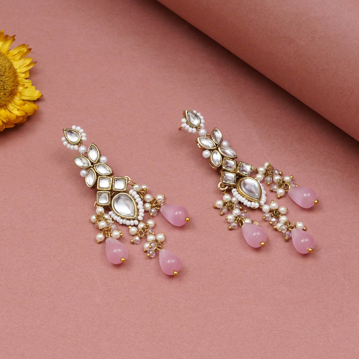 Rosé Cascade Kundan Earrings - BeAbhika.com