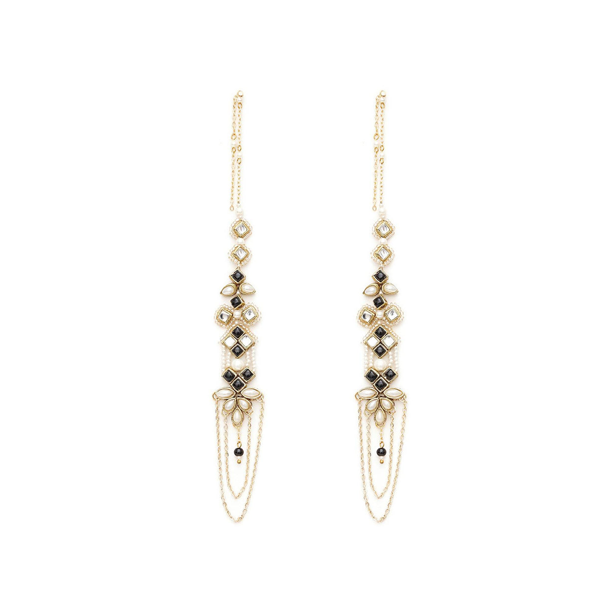 Black & Gold Kundan Pearl Earrings With Ear Chain - BeAbhika.com