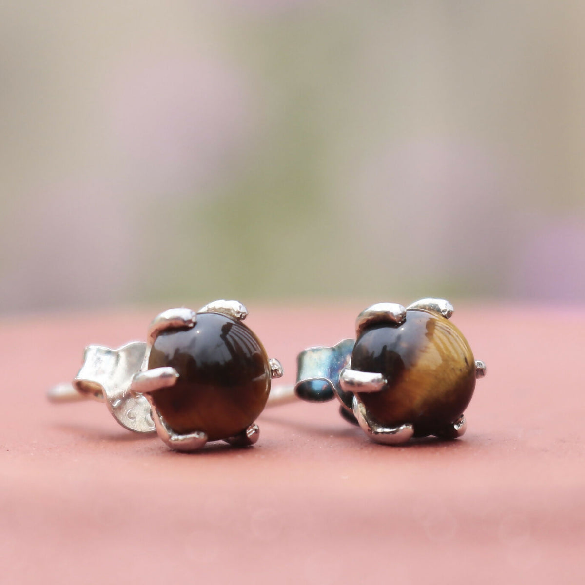 925 Sterling Silver Tiger Eye Eartops for Women | Natural Brown Gemstone Stud Earrings | Elegant Daily Wear Jewelry