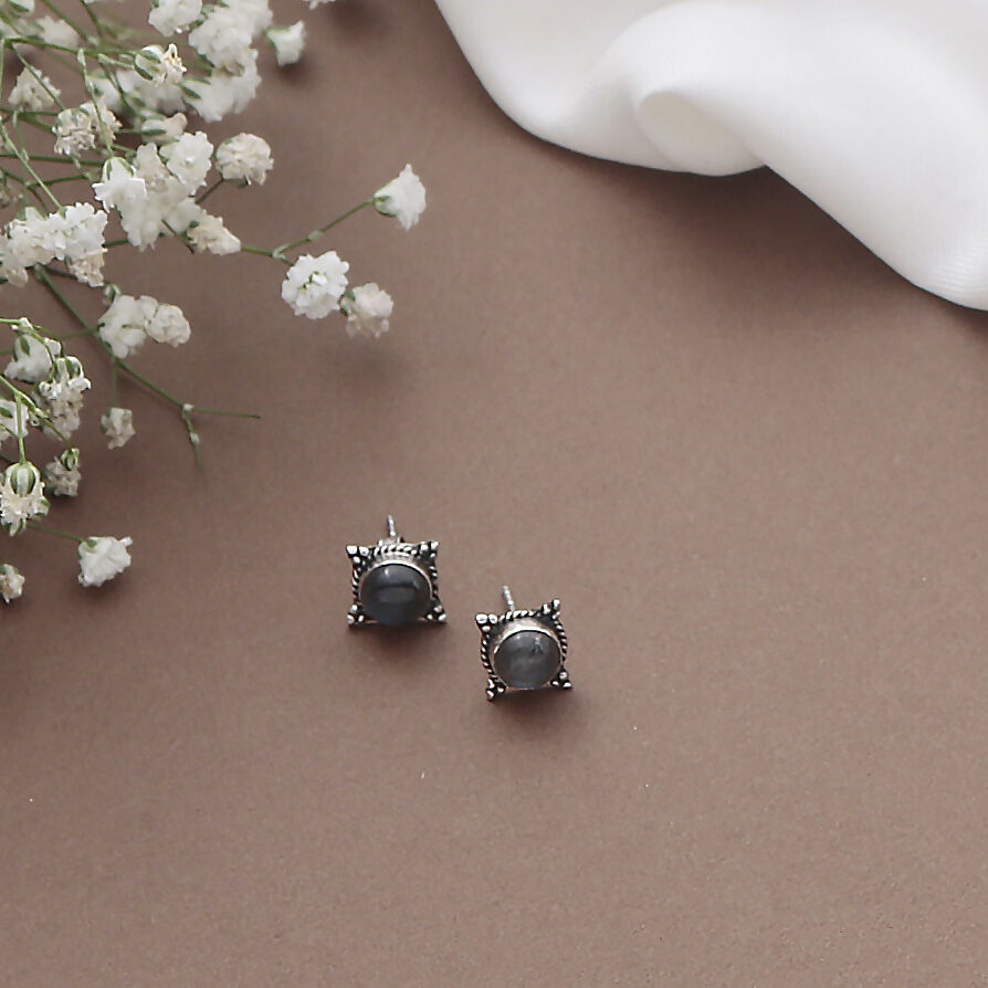 925 Sterling Silver Labradorite Eartops for Women | Gemstone Stud Earrings | High Polish Minimalist Silver Jewelry