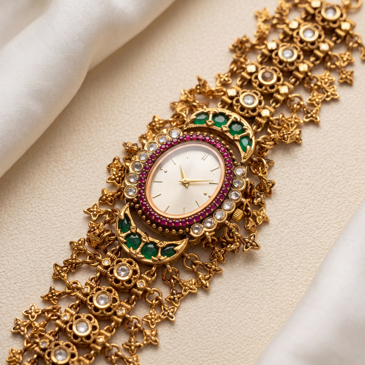 Antique Gold White Dial Ruby Bezel Emerald Crescent Kundan Bracelet Watch for Women & Girls | Stylish Watch | Wrist Watches for Girls | Ideal for gifting | Gift for Diwali, Christmas, Marriage, Birthday, anniversary, wedding