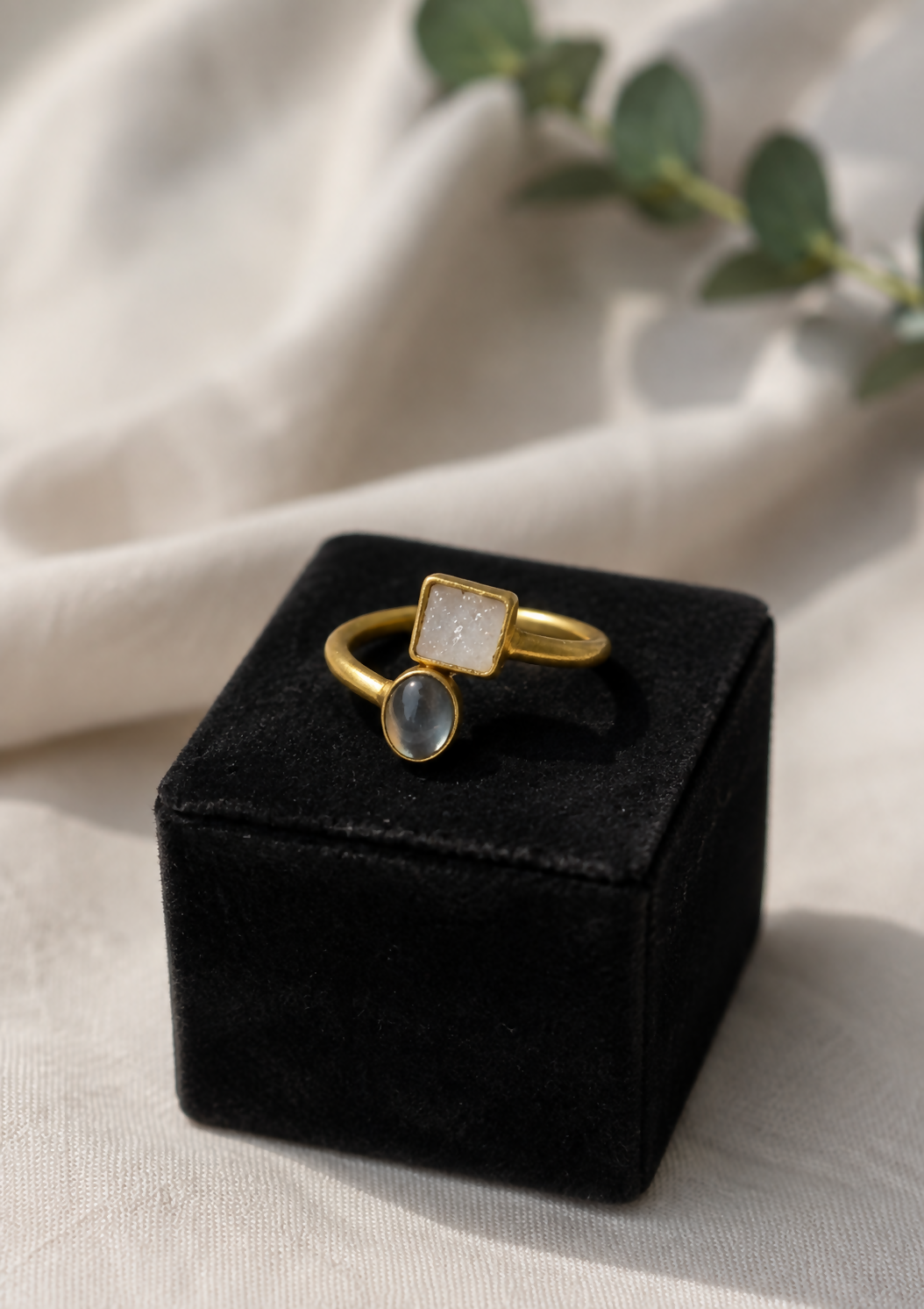 Natural White Druzy & Labradorite Gold-Plated 925 Sterling Silver Ring
