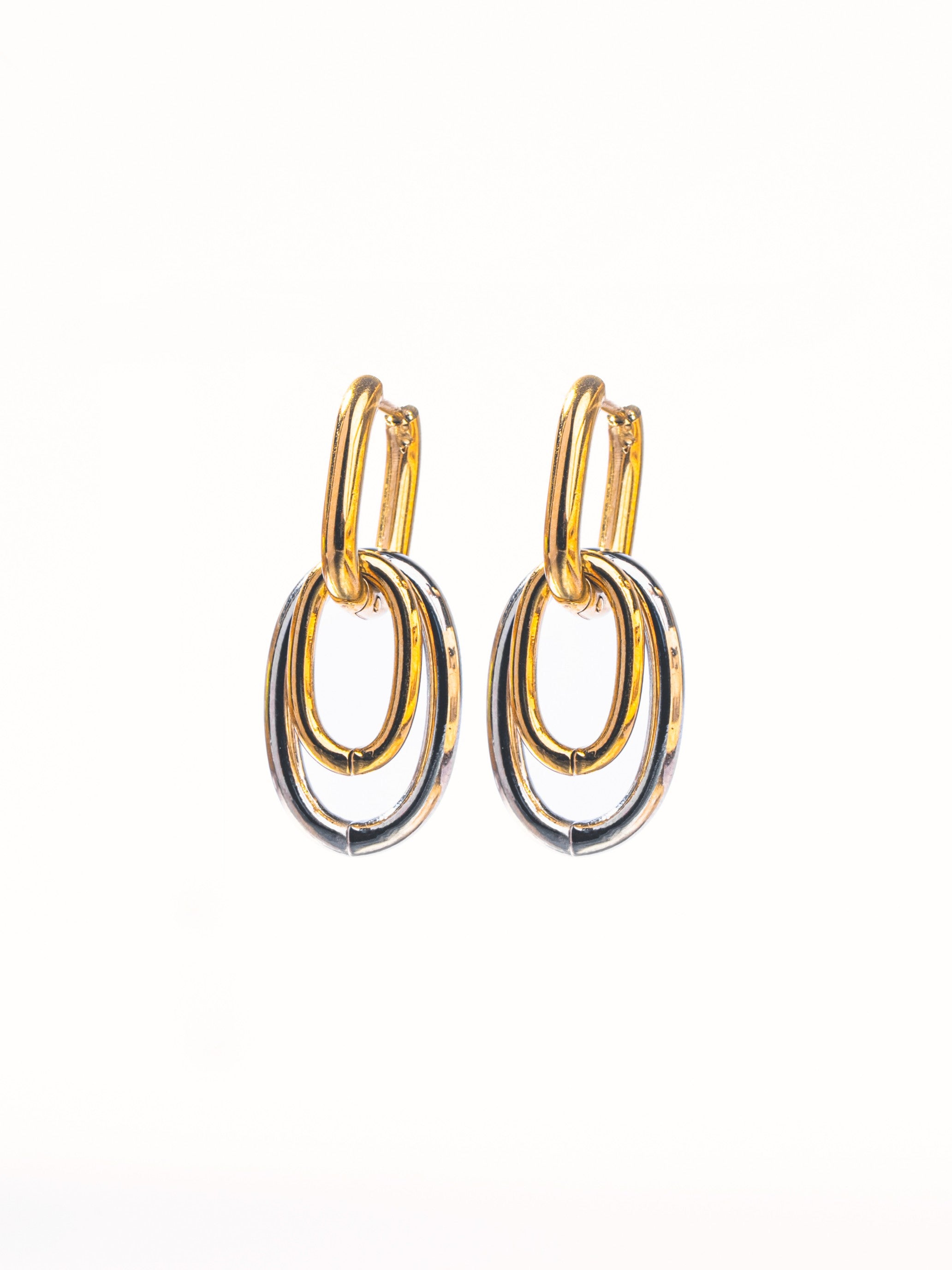 18k gold-plated Manya mixed metal drop earrings �? bold dangle drops, anti-tarnish and waterproof for evening and everyday wear.