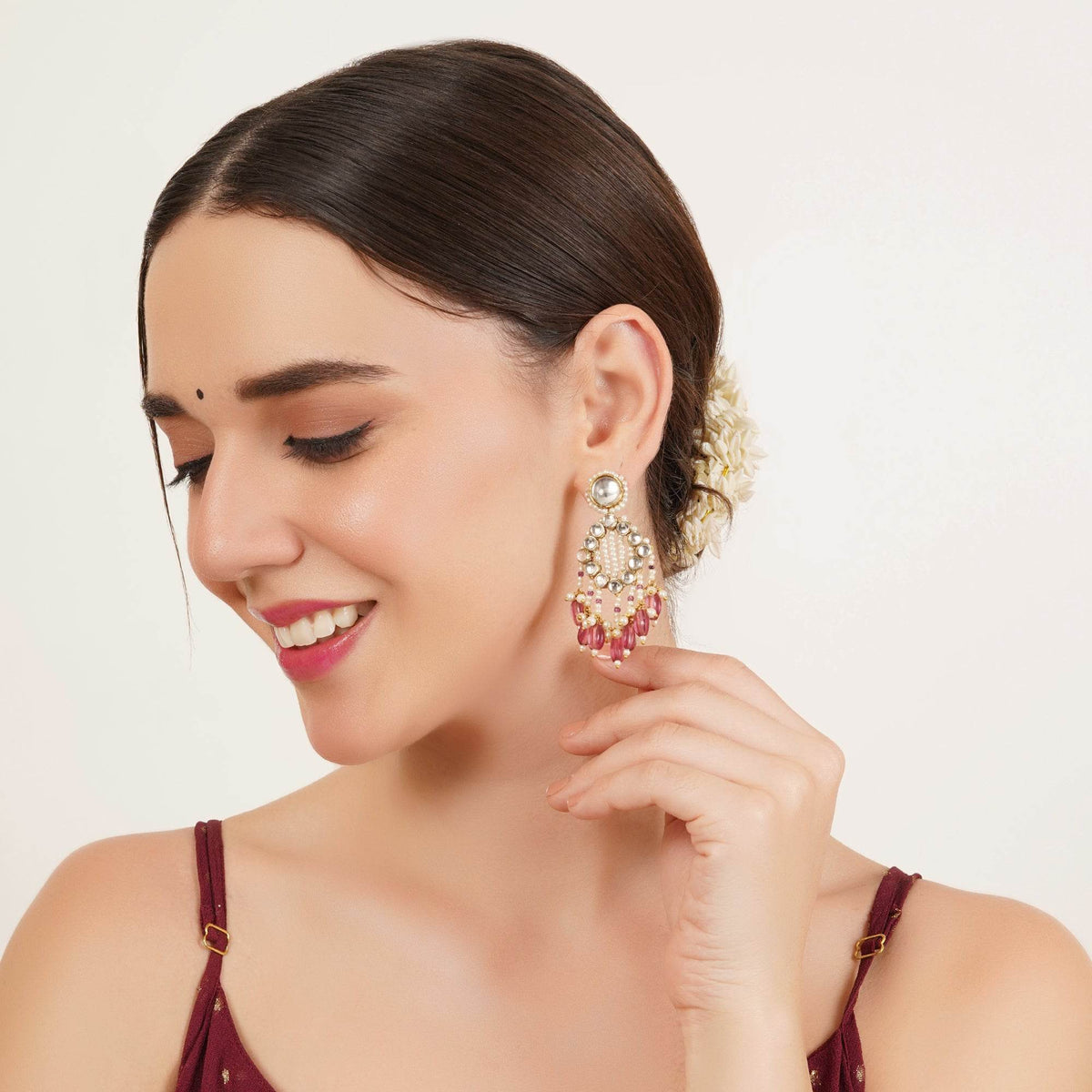 Pink Drop Kundan & Pearl Earrings - BeAbhika.com