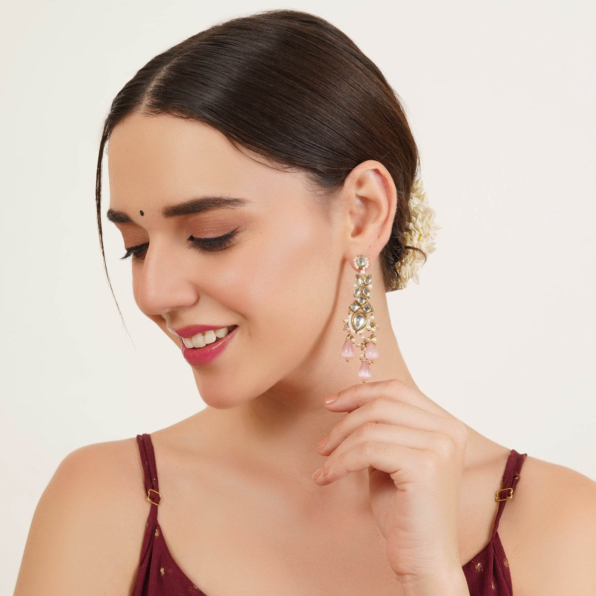 Rosé Cascade Kundan Earrings - BeAbhika.com