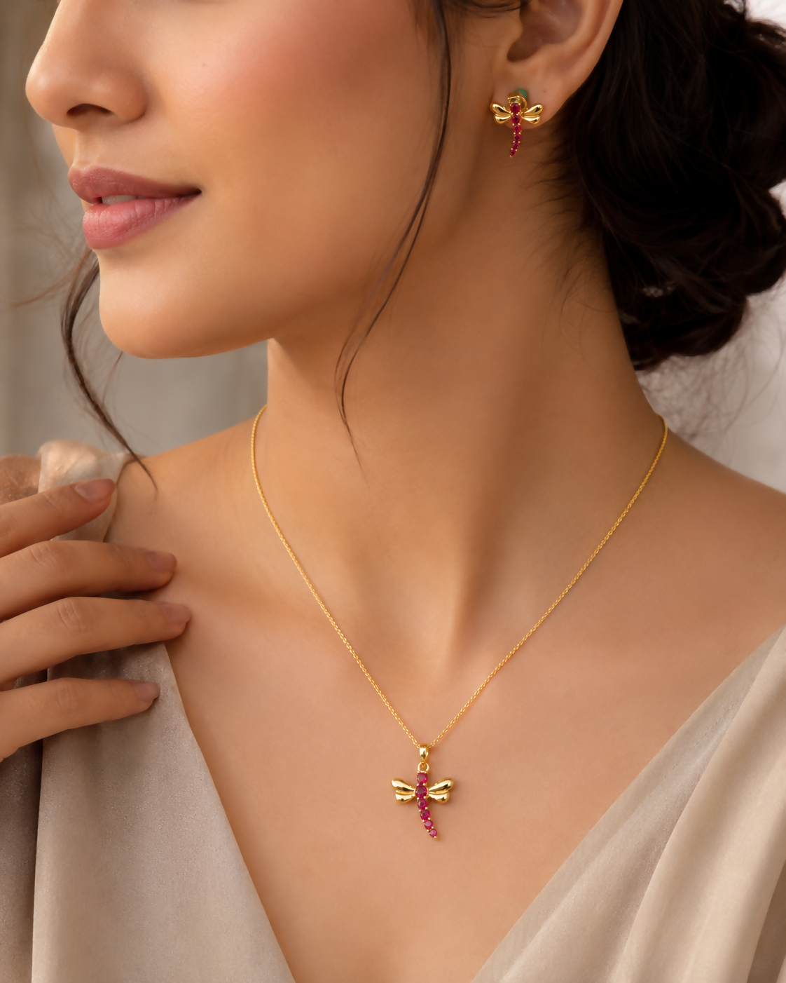 Ruby Dragonfly Gold Plated 925 Sterling Silver Jewellery Set