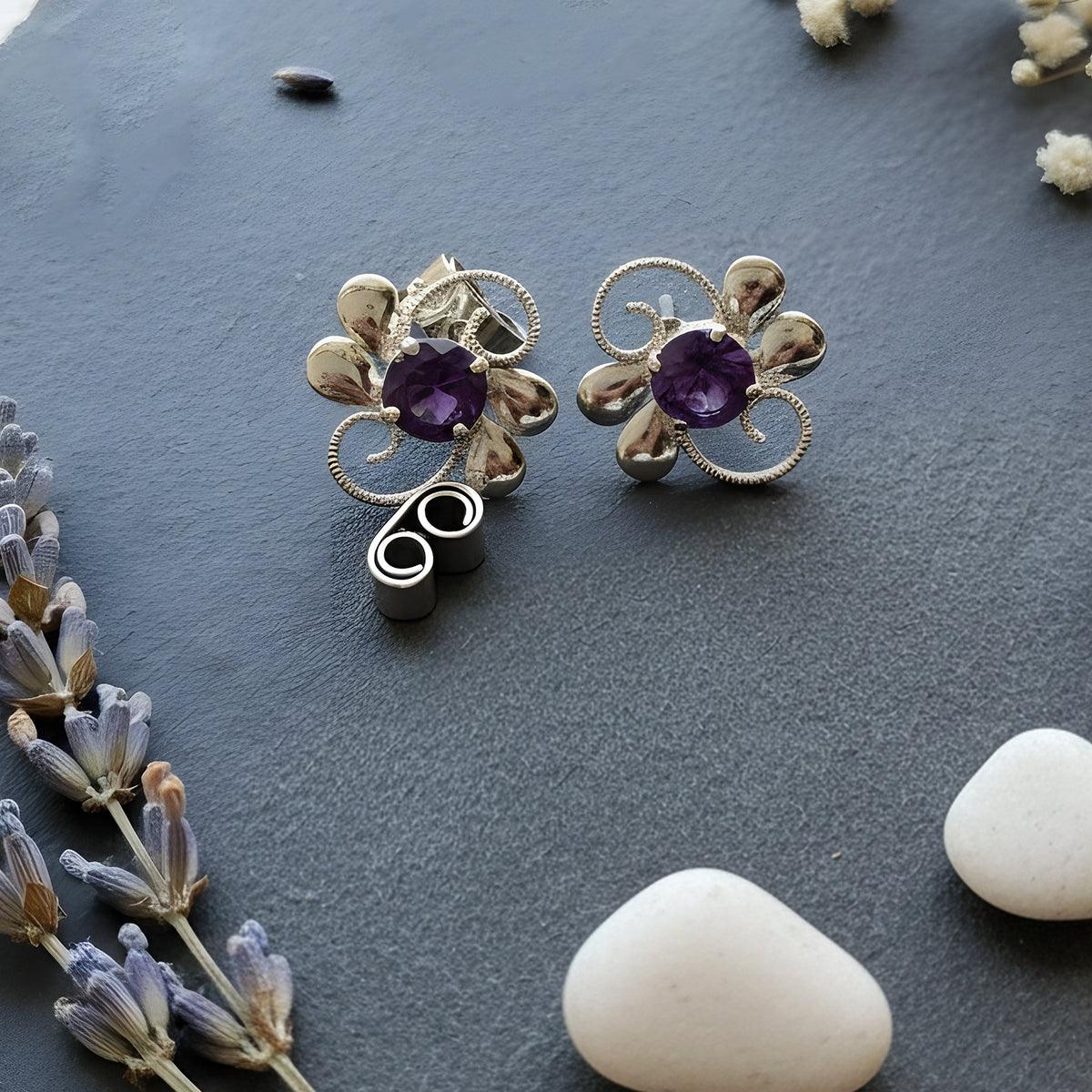 925 Sterling Silver Amethyst Earrings for Women | Handmade Minimalist Jewelry | Unique Healing Crystal Design | Size 1.4x1.6 cm | One Pair