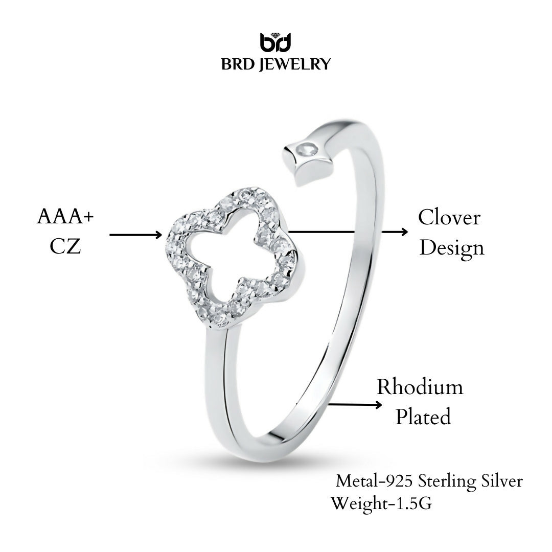 Brd Jewelry 925 Sterling Silver Clover Ring, Flower Adjustable Ring For Women & Girls