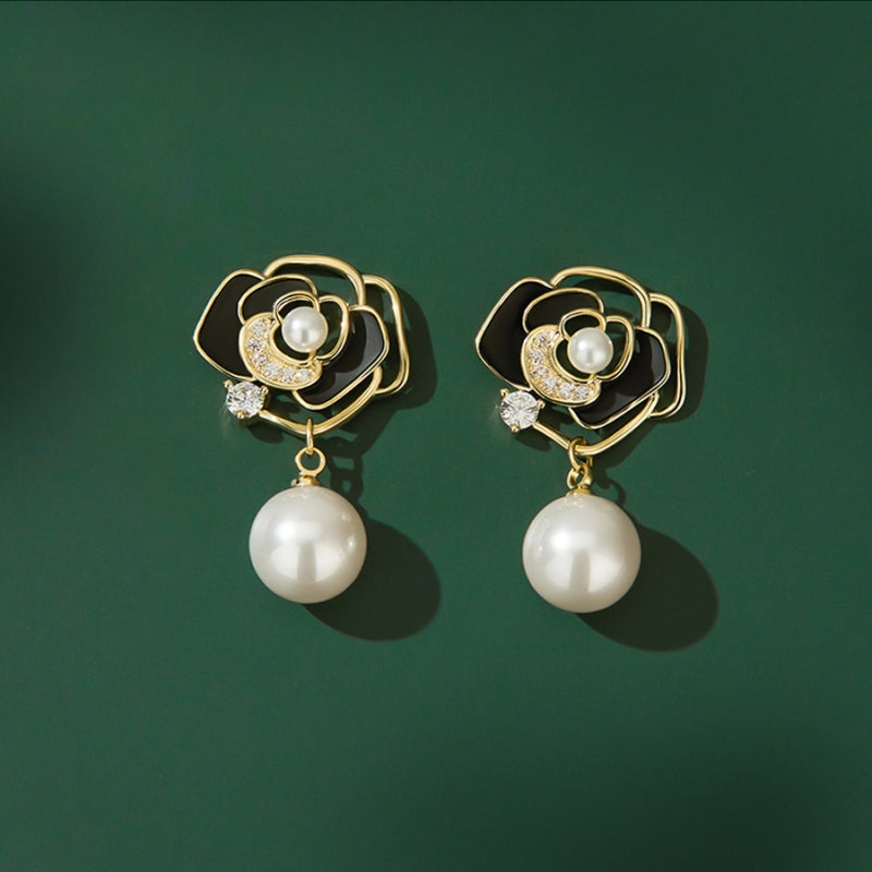 astria-jewellery-gold-plated-black-flower-pearl-drop-earrings-for-women