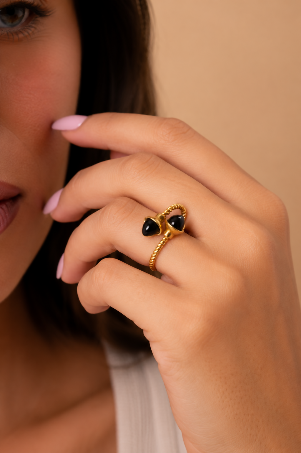 Noir Twin Black Onyx Gold Plated 925 Sterling Silver Ring