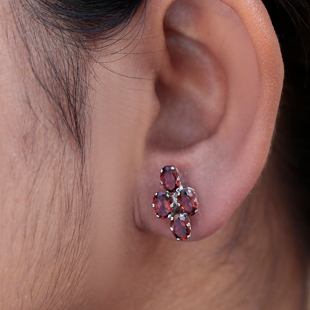 925 Sterling Silver Garnet Eartops for Women | Natural Red Gemstone Stud Earrings | Elegant Silver Jewelry Gift