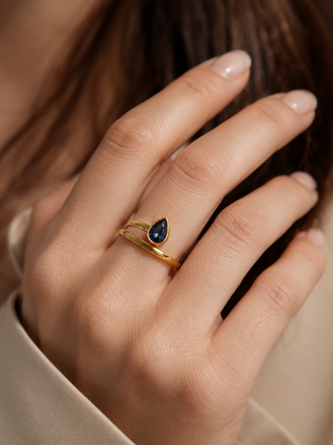 Natural Blue Sapphire Teardrop Gold-Plated Ring