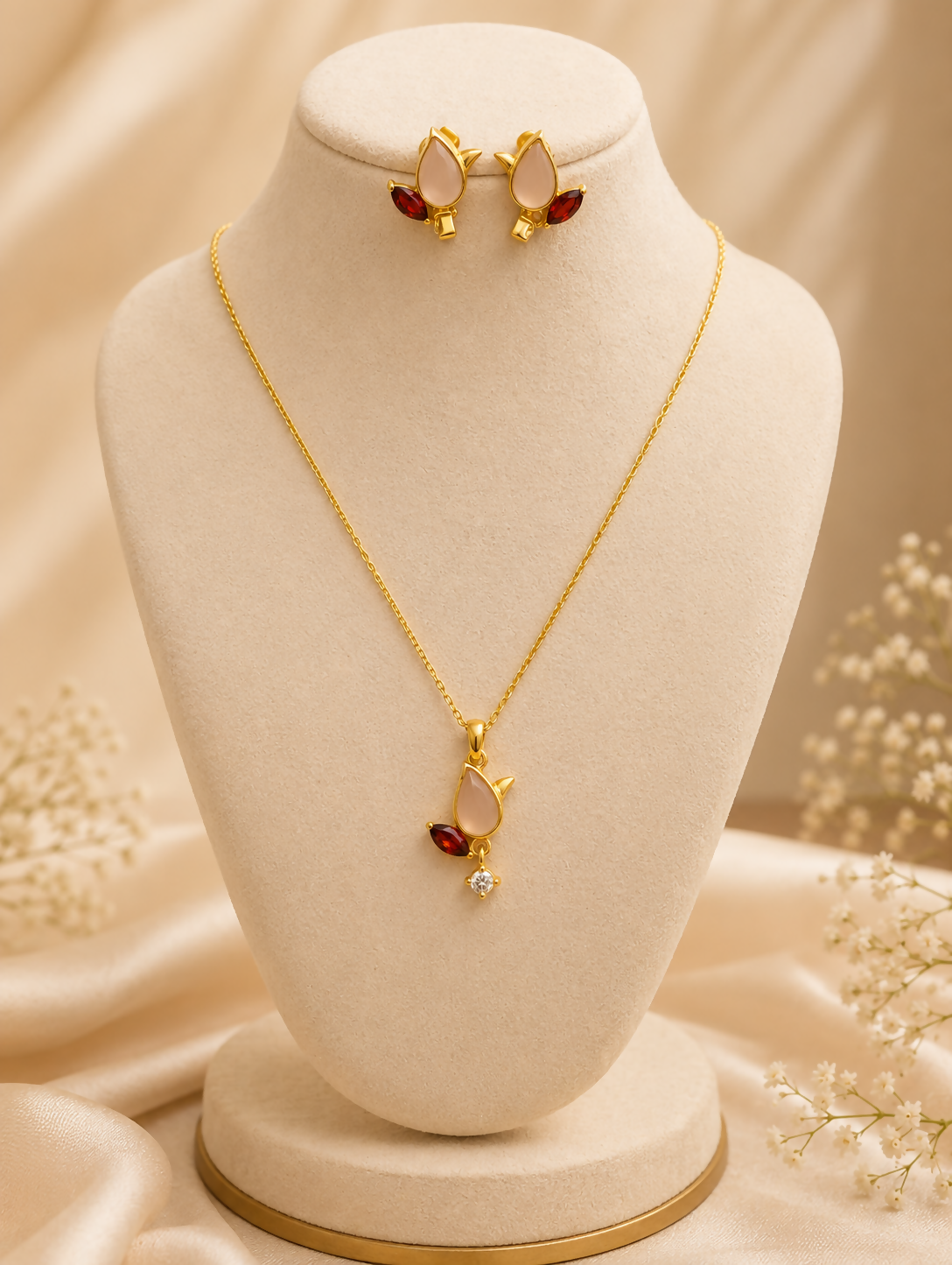 Blushing Tulip Rose Quartz & Garnet Gold Plated 925 Sterling Silver Jewellery Set