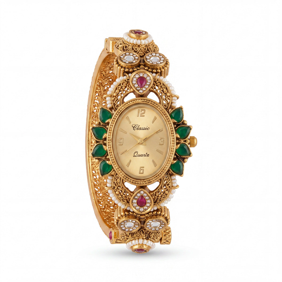 Antique Gold Emerald Petal Champagne Dial Kundan Bracelet Watch for Women & Girls | Stylish Watch | Wrist Watches for Girls | Ideal for gifting | Gift for Diwali, Christmas, Marriage, Birthday, anniversary, wedding