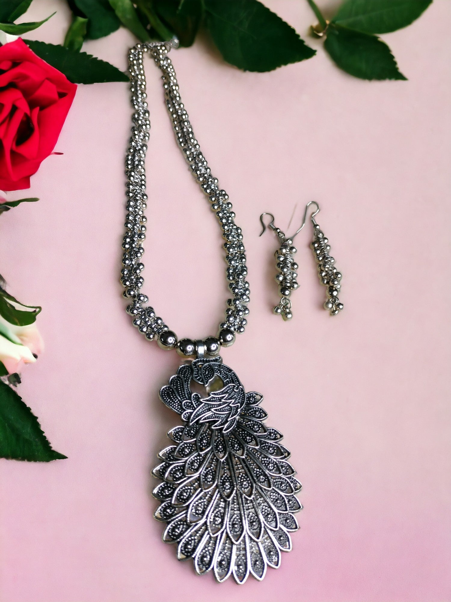 Petal Noir Splendour Oxidized Set with Matching Earrings