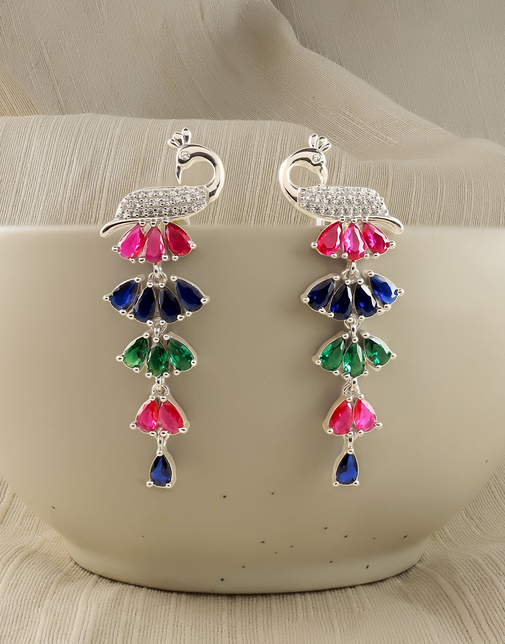 Peacock Rhodium Plated Cubic Zirconia 925 Sterling Silver Drop Earrings