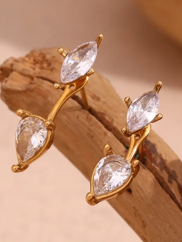 18k gold-plated pear stone drop earrings �? elegant pear-cut stone drops, anti-tarnish and waterproof for evening, bridal and festive wear.