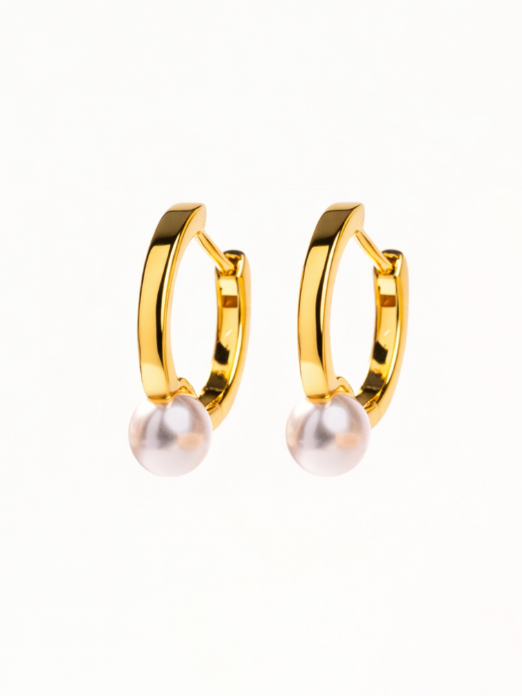 18k gold-plated pearl hoop earrings �? anti-tarnish, waterproof, lightweight elegant pearl hoops for bridal wear.