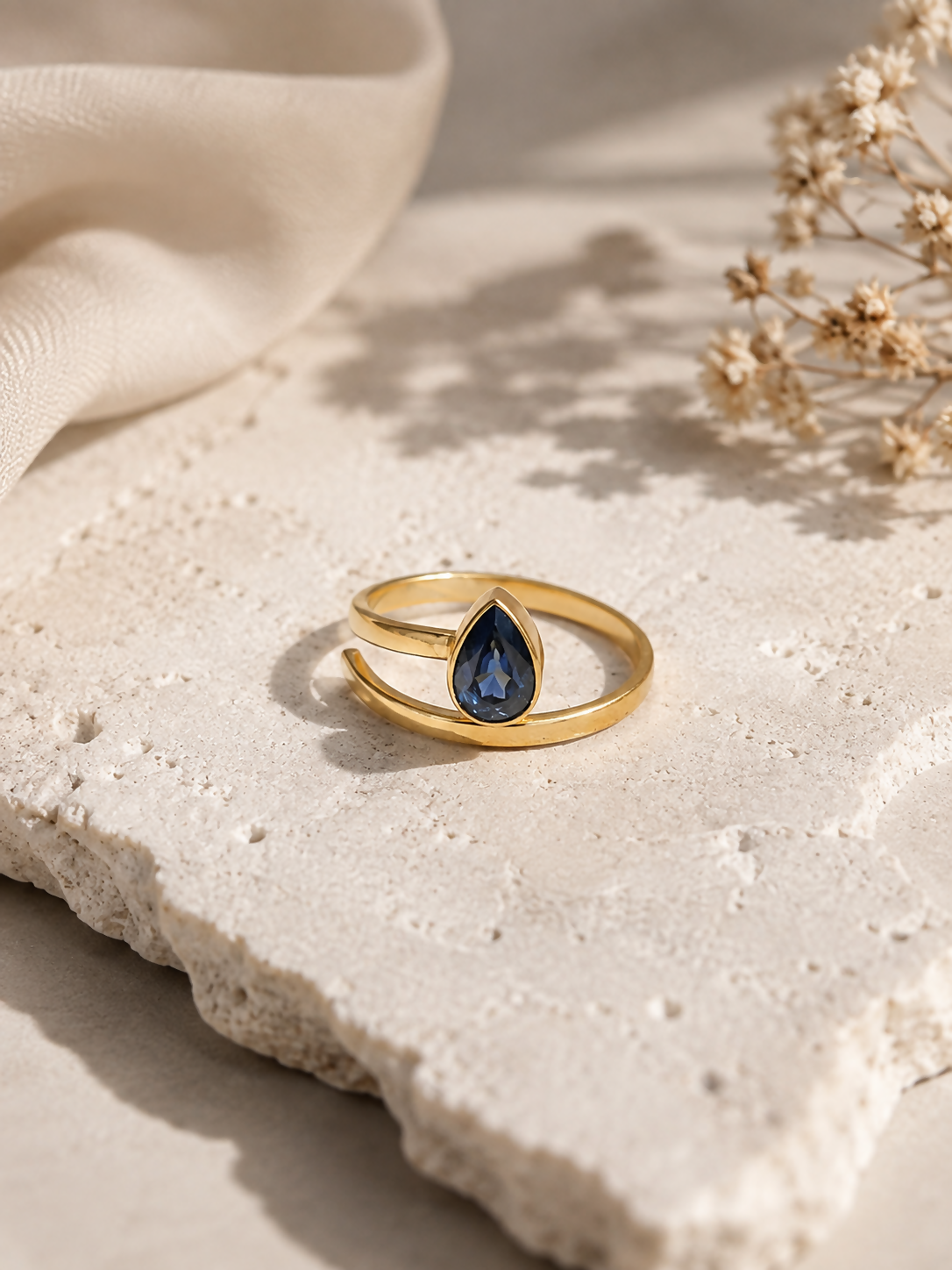 Natural Blue Sapphire Teardrop Gold-Plated Ring