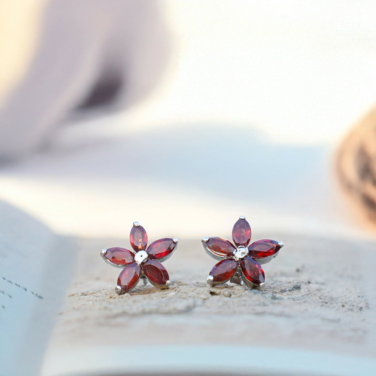 925 Sterling Silver Garnet Eartops for Women | Natural Red Gemstone Stud Earrings | Rhodium Finish Silver Jewelry