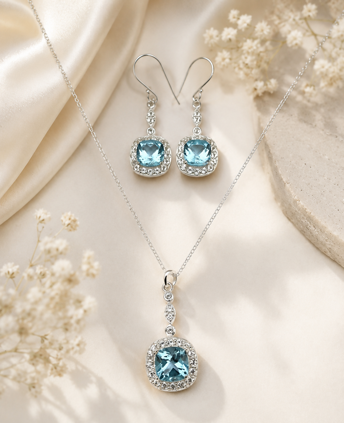 Azure Halo Blue Topaz 925 Sterling Silver Jewellery Set