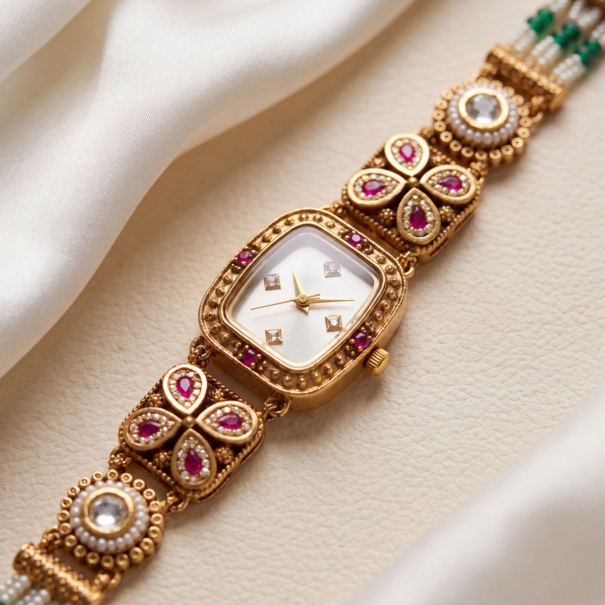 Antique Gold White Dial Cushion Ruby Floret Pearl Bracelet Watch for Women & Girls | Stylish Watch | Wrist Watches for Girls | Ideal for gifting | Gift for Diwali, Christmas, Marriage, Birthday, anniversary, wedding