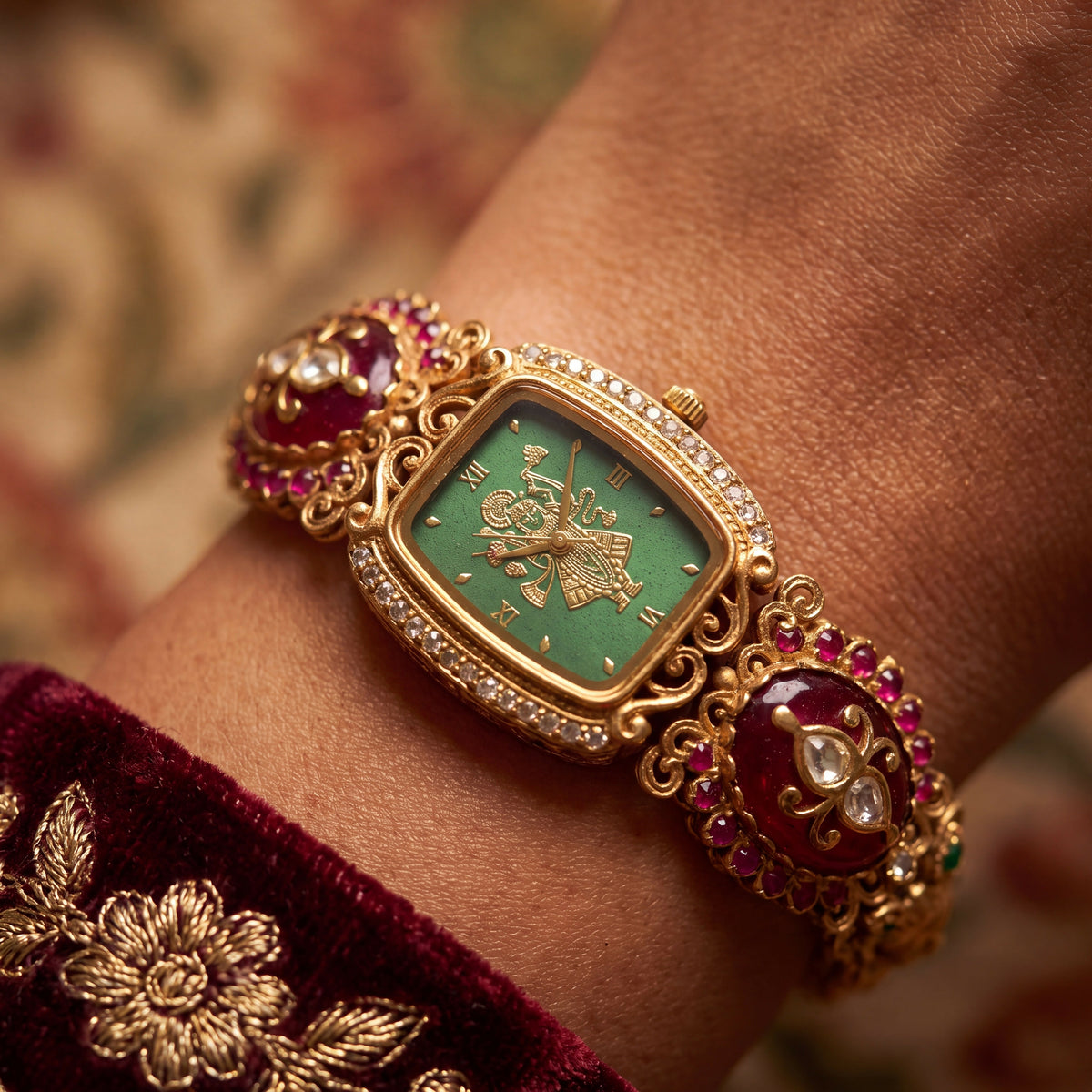 Antique Gold Green Deity Dial CZ Ruby Cabochon Temple Bracelet Watch for Women & Girls | Stylish Watch | Wrist Watches for Girls | Ideal for gifting | Gift for Diwali, Christmas, Marriage, Birthday, anniversary, wedding