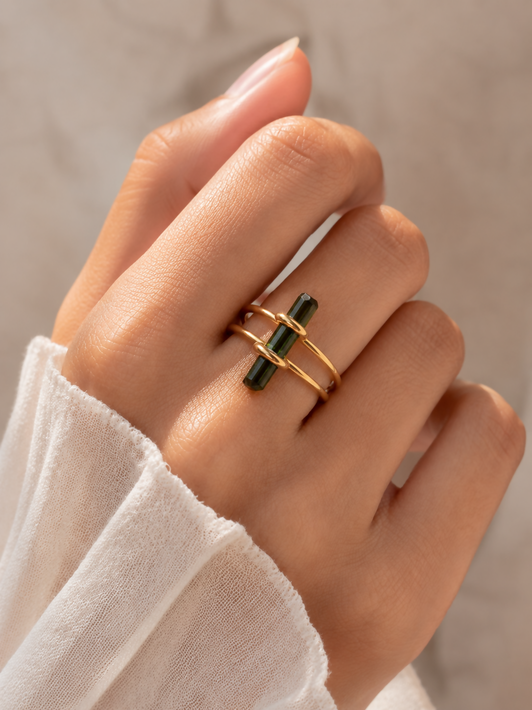 Natural Black Tourmaline Double Band Ring Gold Plated