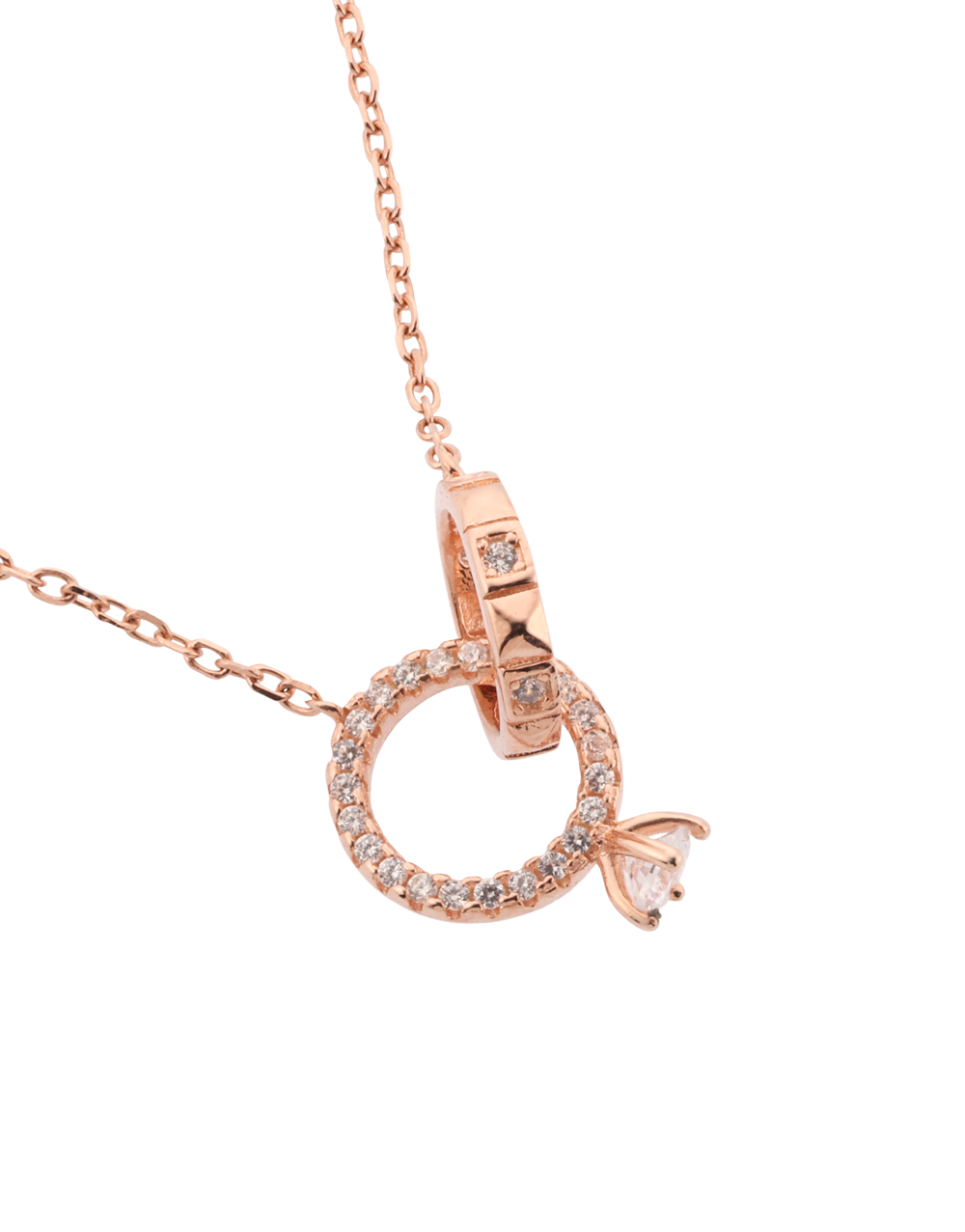 Rose Gold Interlocking Circles Pendant Necklace with Dangle Stone