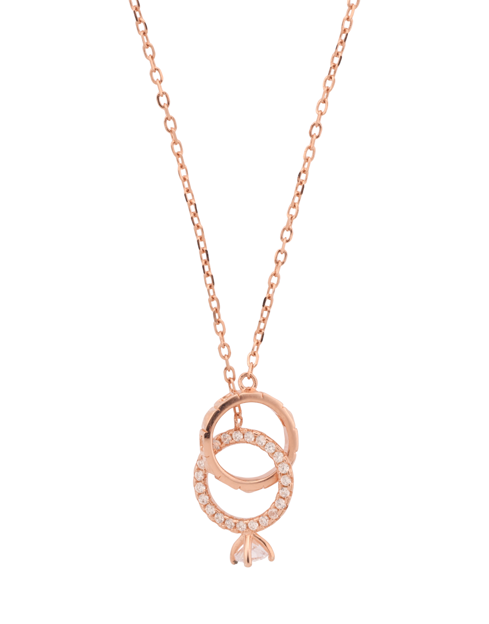 Rose Gold Interlocking Circles Pendant Necklace with Dangle Stone