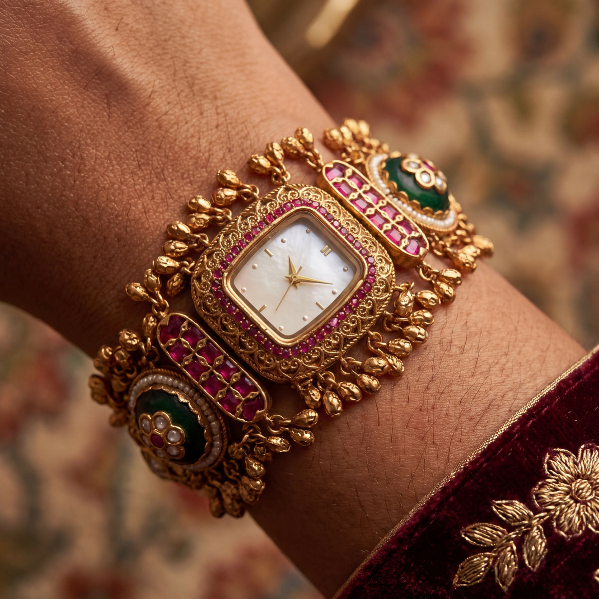 Antique Gold White Dial Ruby Bezel Green Cabochon Ghungroo Bracelet Watch for Women & Girls | Stylish Watch | Wrist Watches for Girls | Ideal for gifting | Gift for Diwali, Christmas, Marriage, Birthday, anniversary, wedding