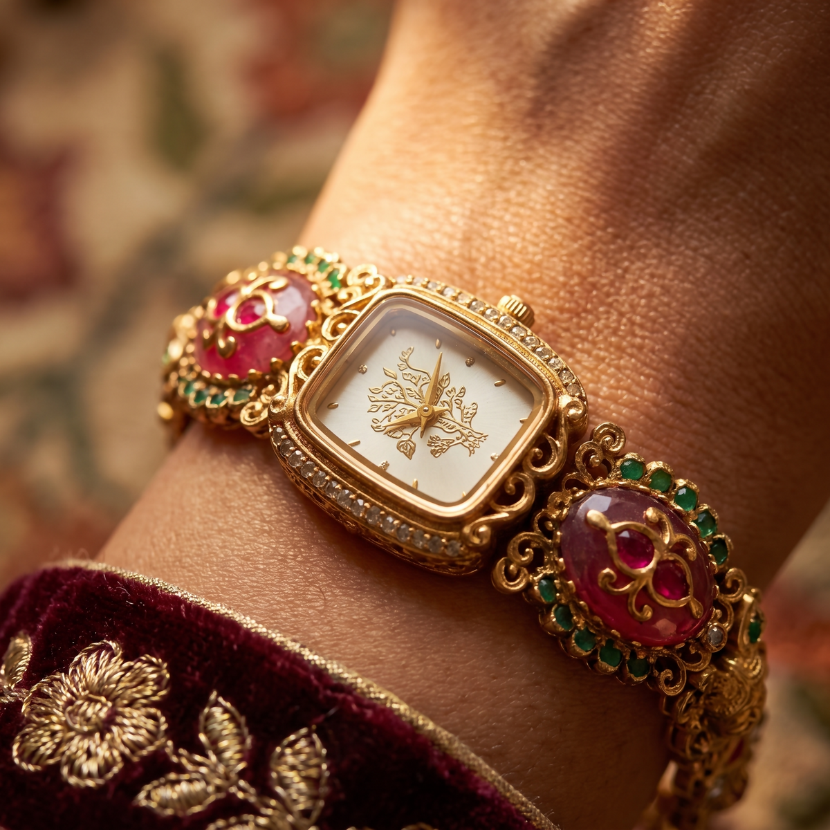 Antique Gold Peacock Dial CZ Ruby Cabochon Emerald Temple Bracelet Watch for Women & Girls | Stylish Watch | Wrist Watches for Girls | Ideal for gifting | Gift for Diwali, Christmas, Marriage, Birthday, anniversary, wedding